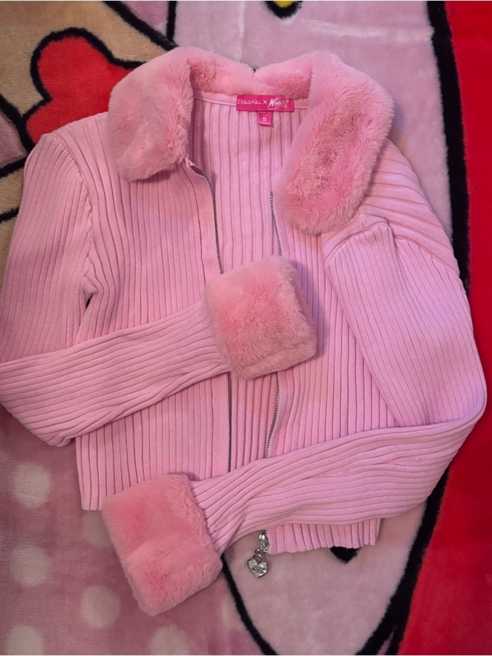 Dolls Kill Pink Ribbed Zip Cardigan with Faux-Fur Trim